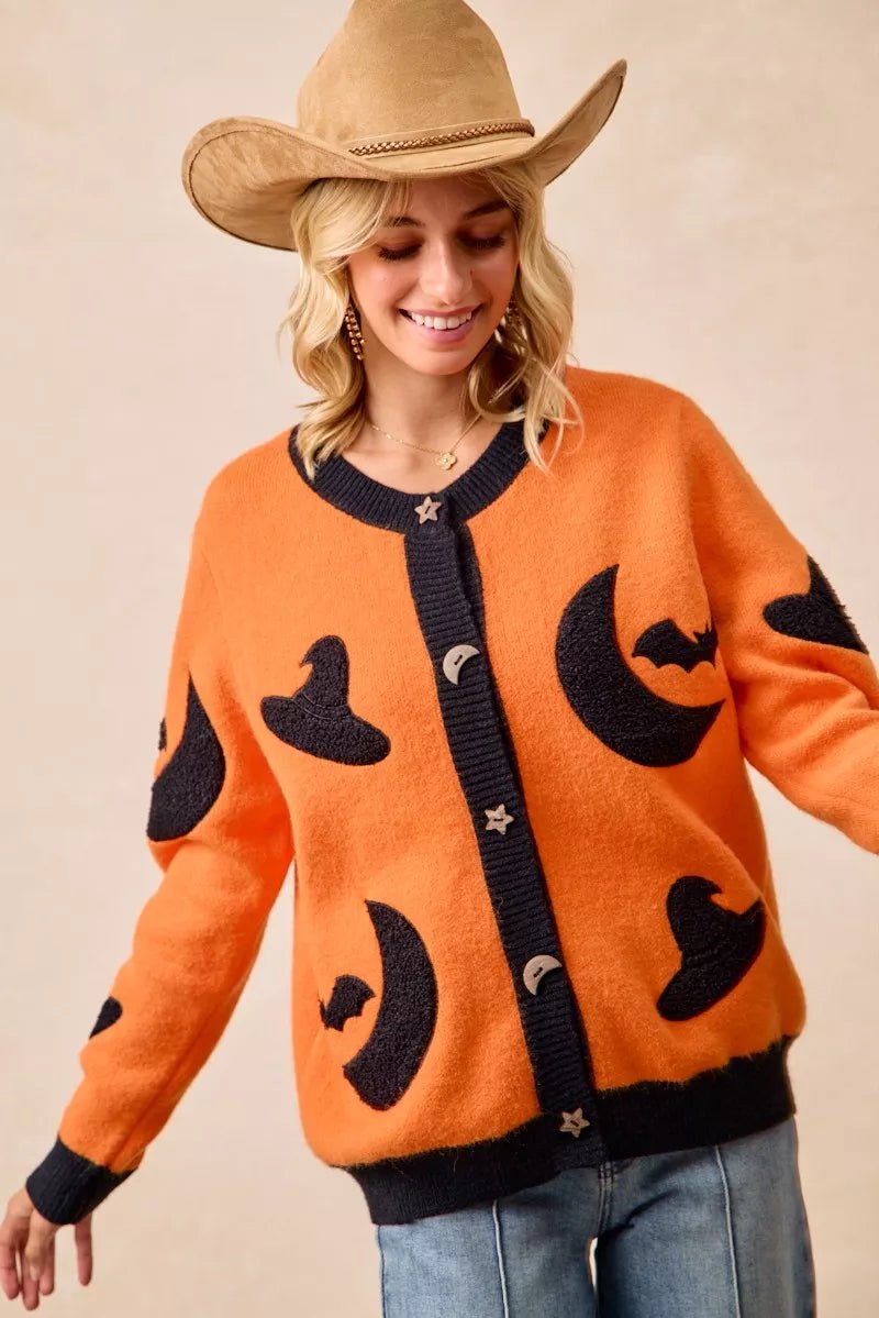 BiBi Halloween Witch Hat Moon Bat Artwork Cardigan - Dressed.