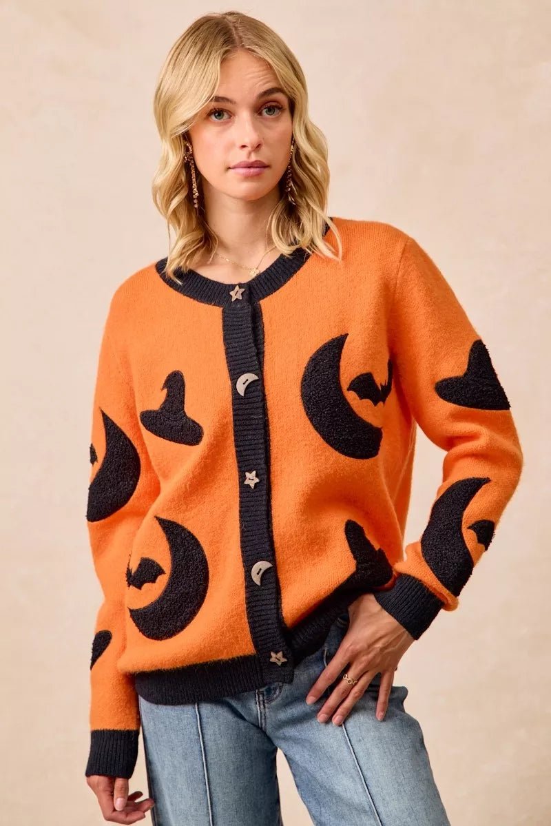 BiBi Halloween Witch Hat Moon Bat Artwork Cardigan - Dressed.