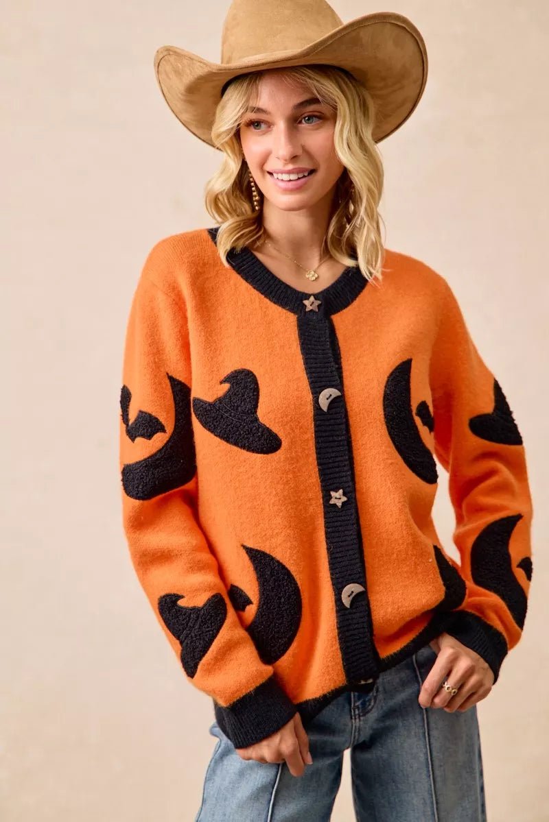 BiBi Halloween Witch Hat Moon Bat Artwork Cardigan - Dressed.