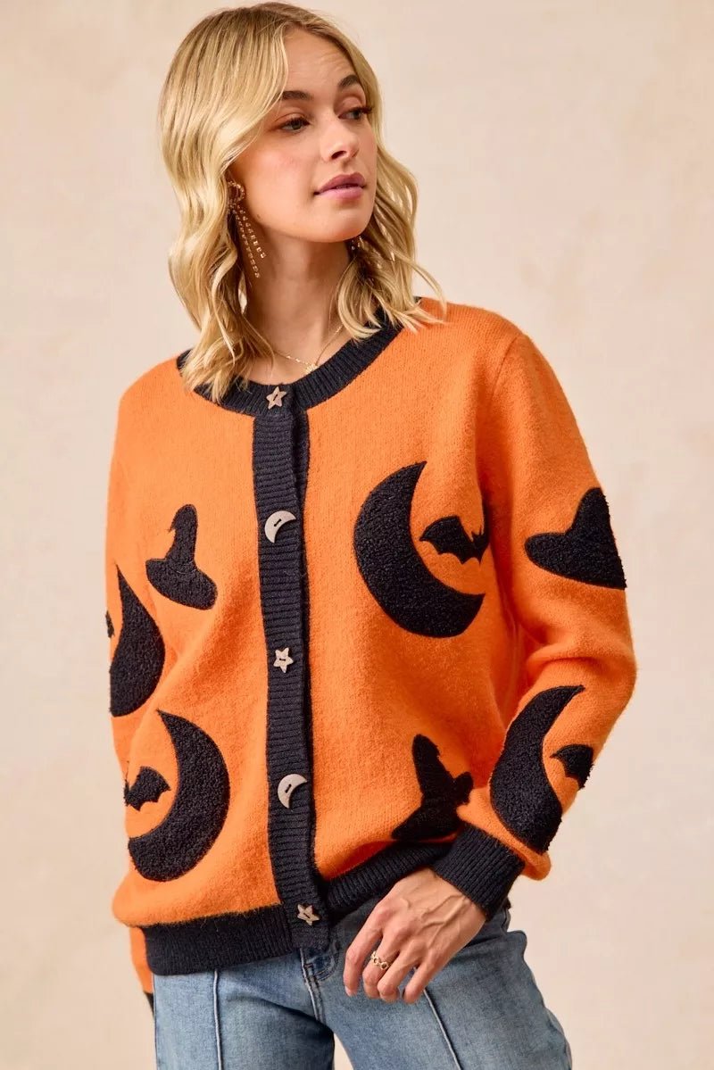 BiBi Halloween Witch Hat Moon Bat Artwork Cardigan - Dressed.