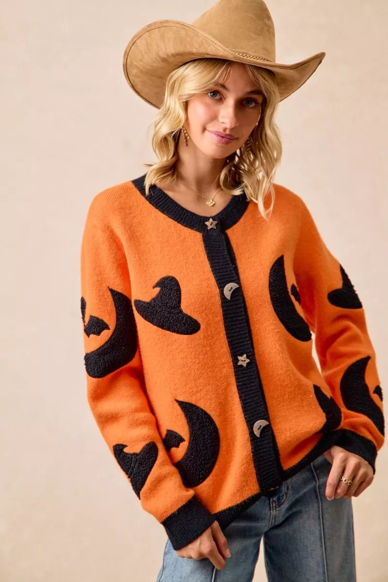 BiBi Halloween Witch Hat Moon Bat Artwork Cardigan - Dressed.
