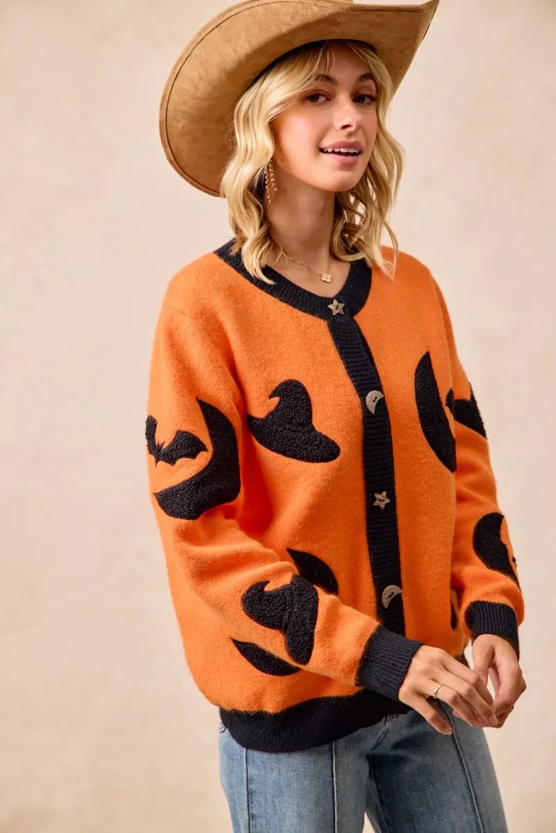 BiBi Halloween Witch Hat Moon Bat Artwork Cardigan - Dressed.
