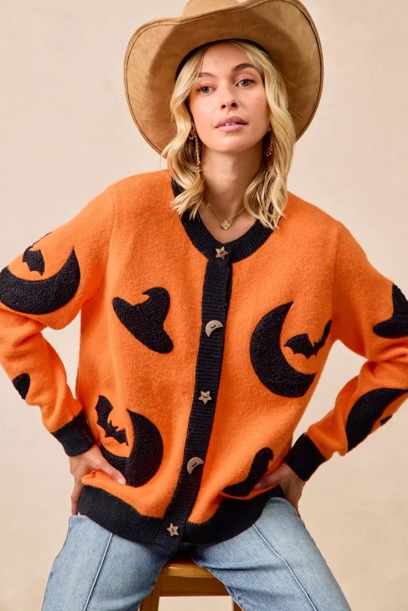 BiBi Halloween Witch Hat Moon Bat Artwork Cardigan - Dressed.