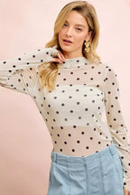 BiBi High Neck Line Polka Dots Mesh Top With Thumb Open - Dressed.