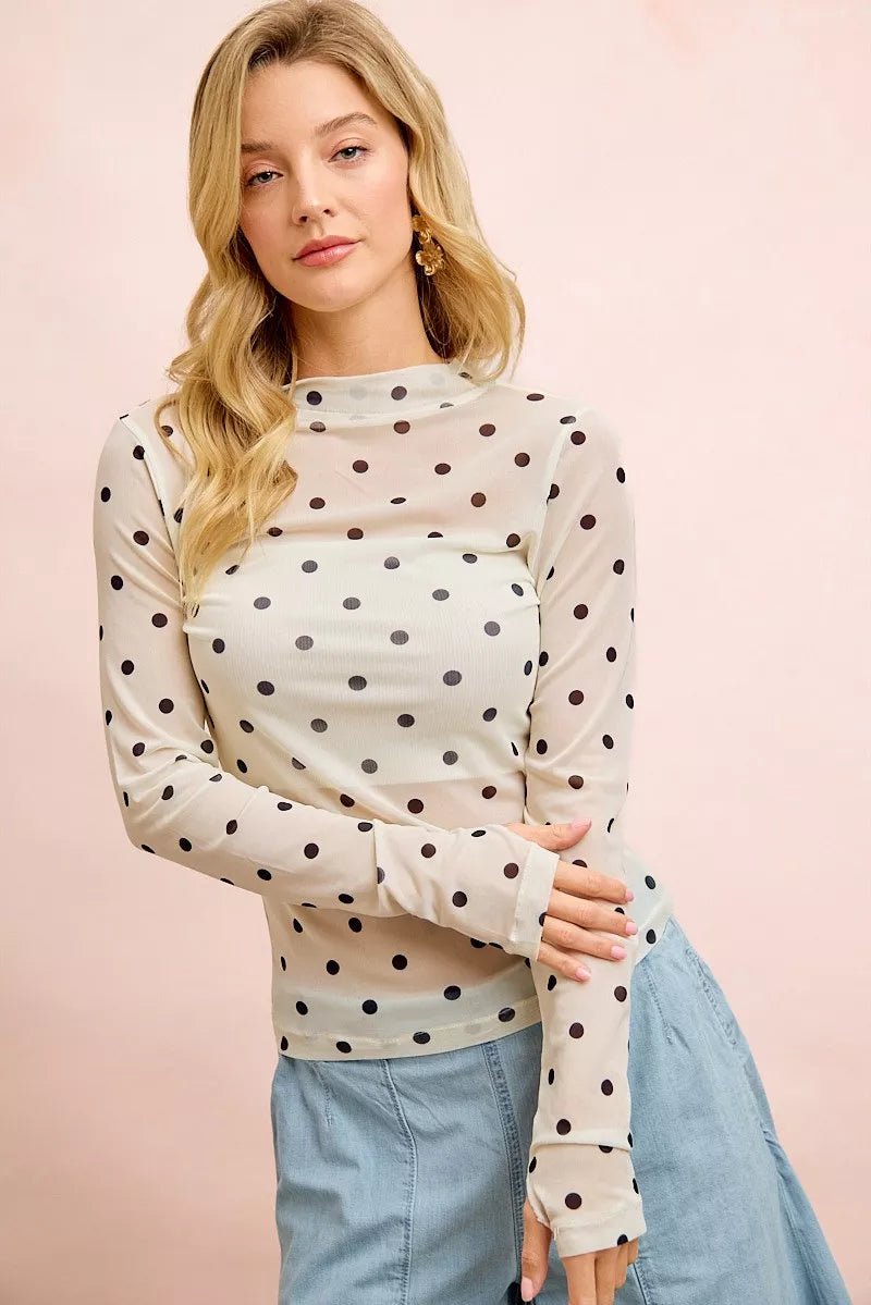 BiBi High Neck Line Polka Dots Mesh Top With Thumb Open - Dressed.