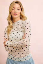 BiBi High Neck Line Polka Dots Mesh Top With Thumb Open - Dressed.