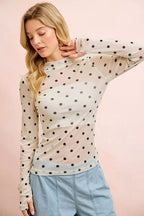 BiBi High Neck Line Polka Dots Mesh Top With Thumb Open - Dressed.