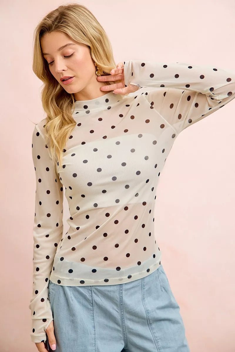 BiBi High Neck Line Polka Dots Mesh Top With Thumb Open - Dressed.