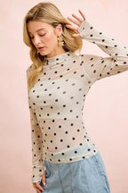 BiBi High Neck Line Polka Dots Mesh Top With Thumb Open - Dressed.