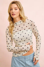 BiBi High Neck Line Polka Dots Mesh Top With Thumb Open - Dressed.