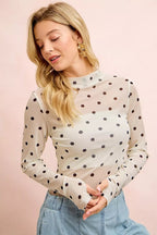 BiBi High Neck Line Polka Dots Mesh Top With Thumb Open - Dressed.