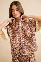 BiBi Leopard and Eyelet Lace Ruffled Top and Shorts Set - Dressed.