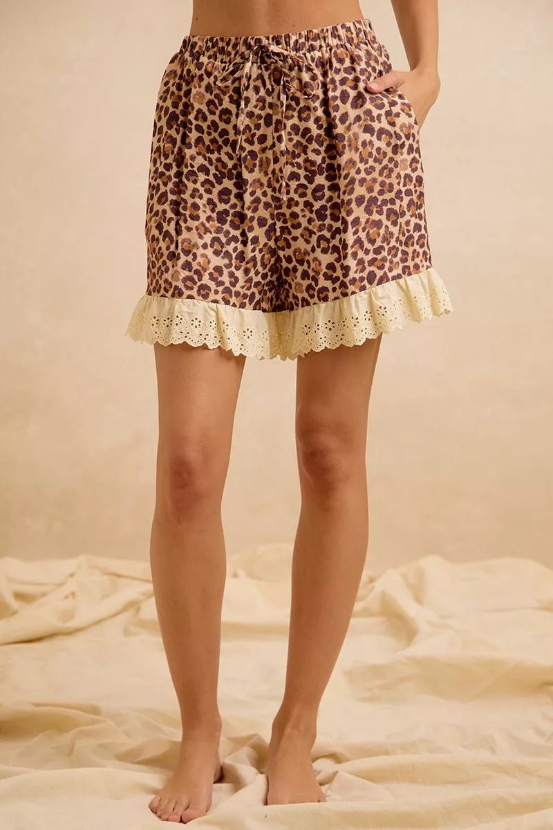 BiBi Leopard and Eyelet Lace Ruffled Top and Shorts Set - Dressed.