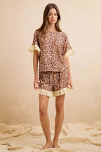 BiBi Leopard and Eyelet Lace Ruffled Top and Shorts Set - Dressed.