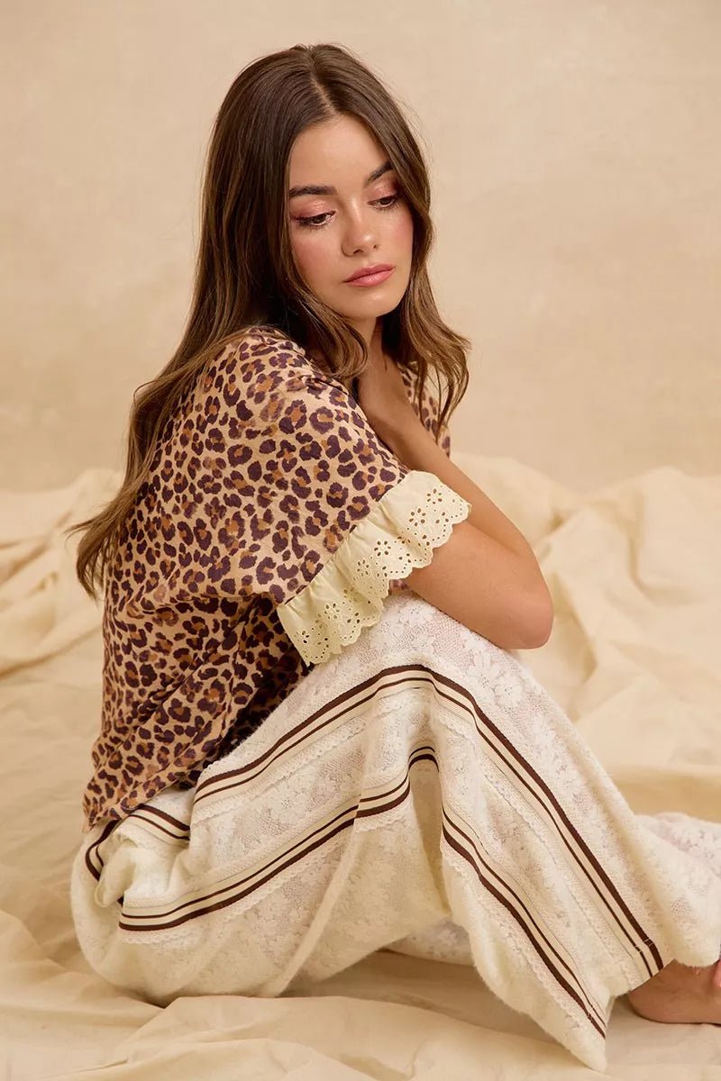 BiBi Leopard and Eyelet Lace Ruffled Top and Shorts Set - Dressed.