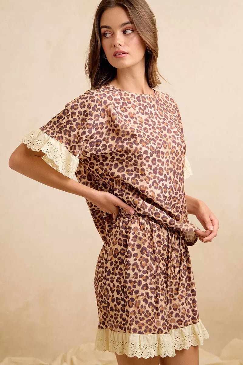 BiBi Leopard and Eyelet Lace Ruffled Top and Shorts Set - Dressed.