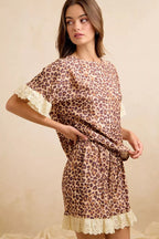 BiBi Leopard and Eyelet Lace Ruffled Top and Shorts Set - Dressed.