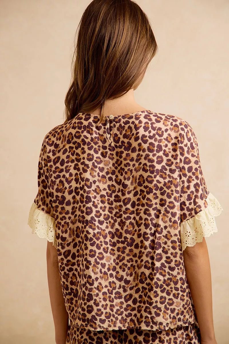 BiBi Leopard and Eyelet Lace Ruffled Top and Shorts Set - Dressed.