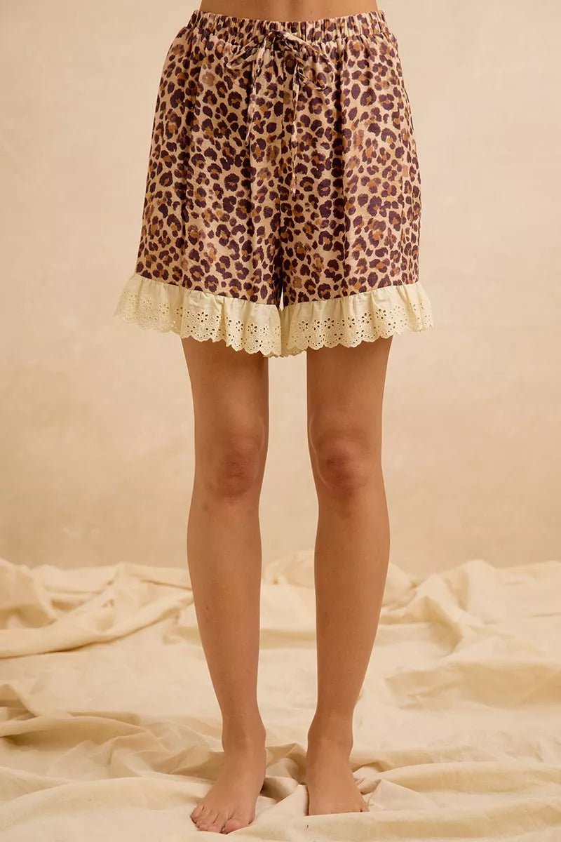 BiBi Leopard and Eyelet Lace Ruffled Top and Shorts Set - Dressed.