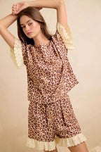 BiBi Leopard and Eyelet Lace Ruffled Top and Shorts Set - Dressed.