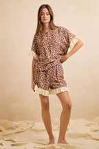 BiBi Leopard and Eyelet Lace Ruffled Top and Shorts Set - Dressed.