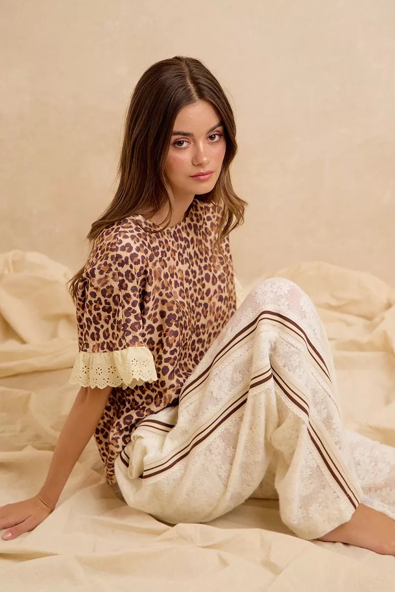 BiBi Leopard and Eyelet Lace Ruffled Top and Shorts Set - Dressed.