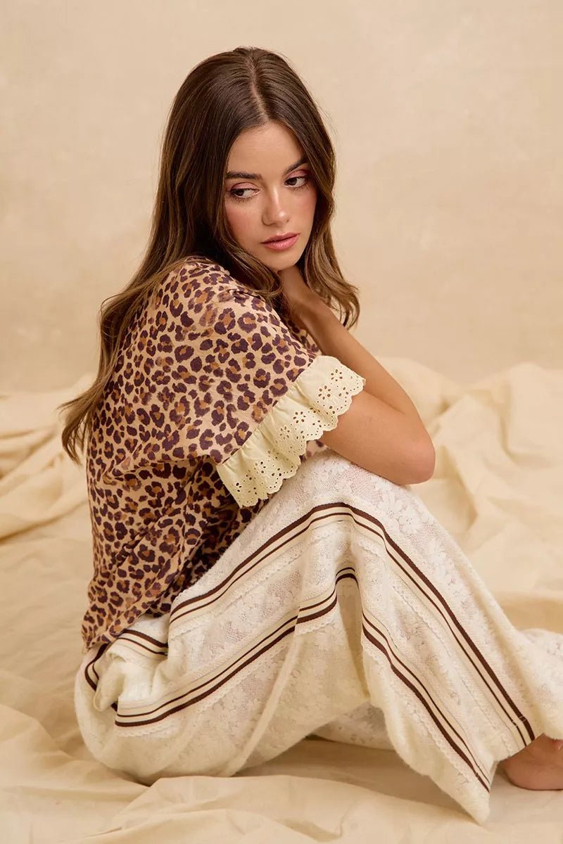 BiBi Leopard and Eyelet Lace Ruffled Top and Shorts Set - Dressed.