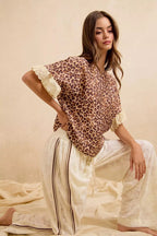 BiBi Leopard and Eyelet Lace Ruffled Top and Shorts Set - Dressed.