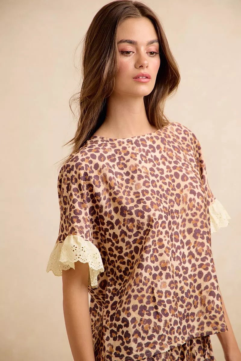 BiBi Leopard and Eyelet Lace Ruffled Top and Shorts Set - Dressed.