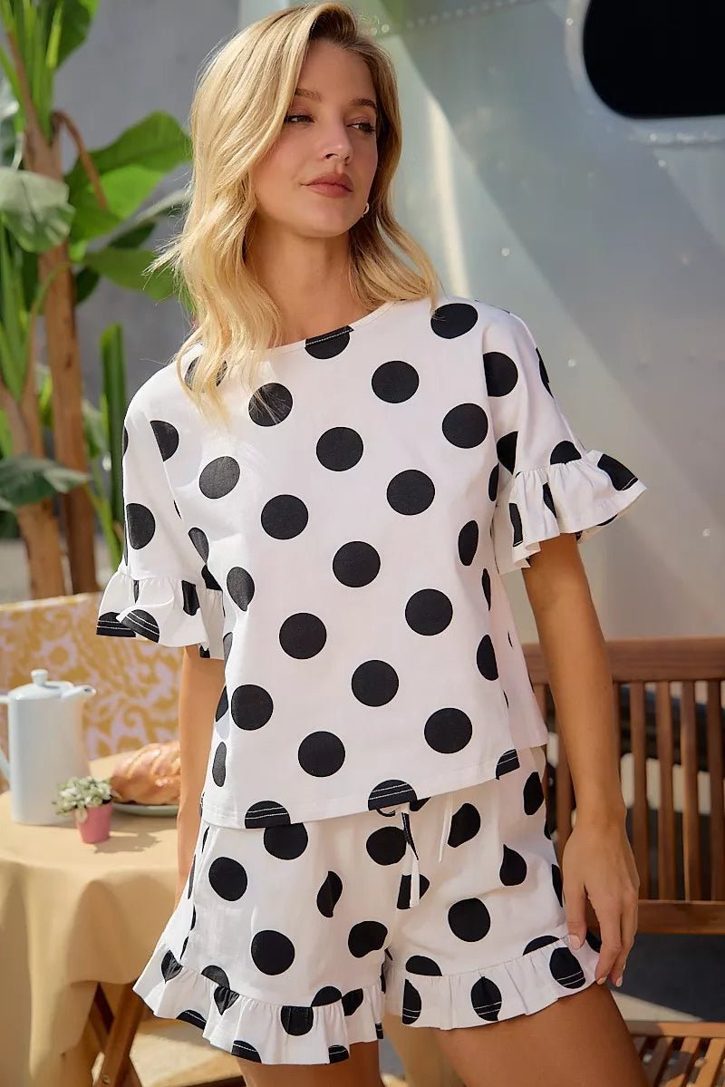 BiBi Polka Dots Printed Ruffled Detail Top And Shorts Set - Dressed.