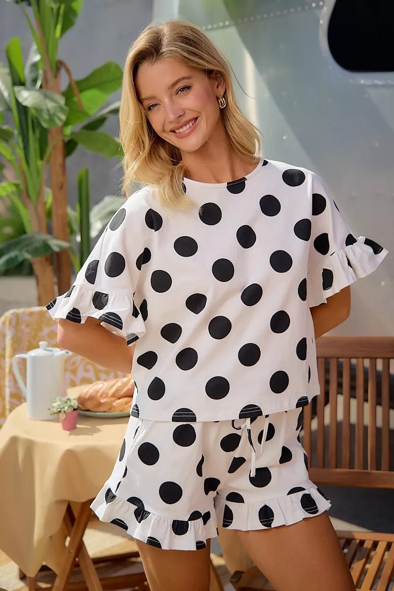 BiBi Polka Dots Printed Ruffled Detail Top And Shorts Set - Dressed.