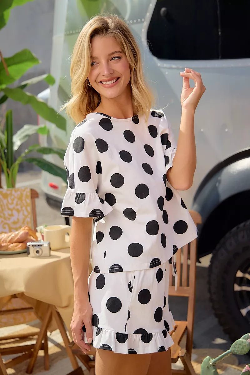 BiBi Polka Dots Printed Ruffled Detail Top And Shorts Set - Dressed.