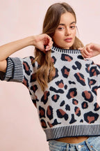BiBi Two Tone Detail Leopard Knit Double Sleeves Top - Dressed.