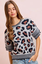 BiBi Two Tone Detail Leopard Knit Double Sleeves Top - Dressed.