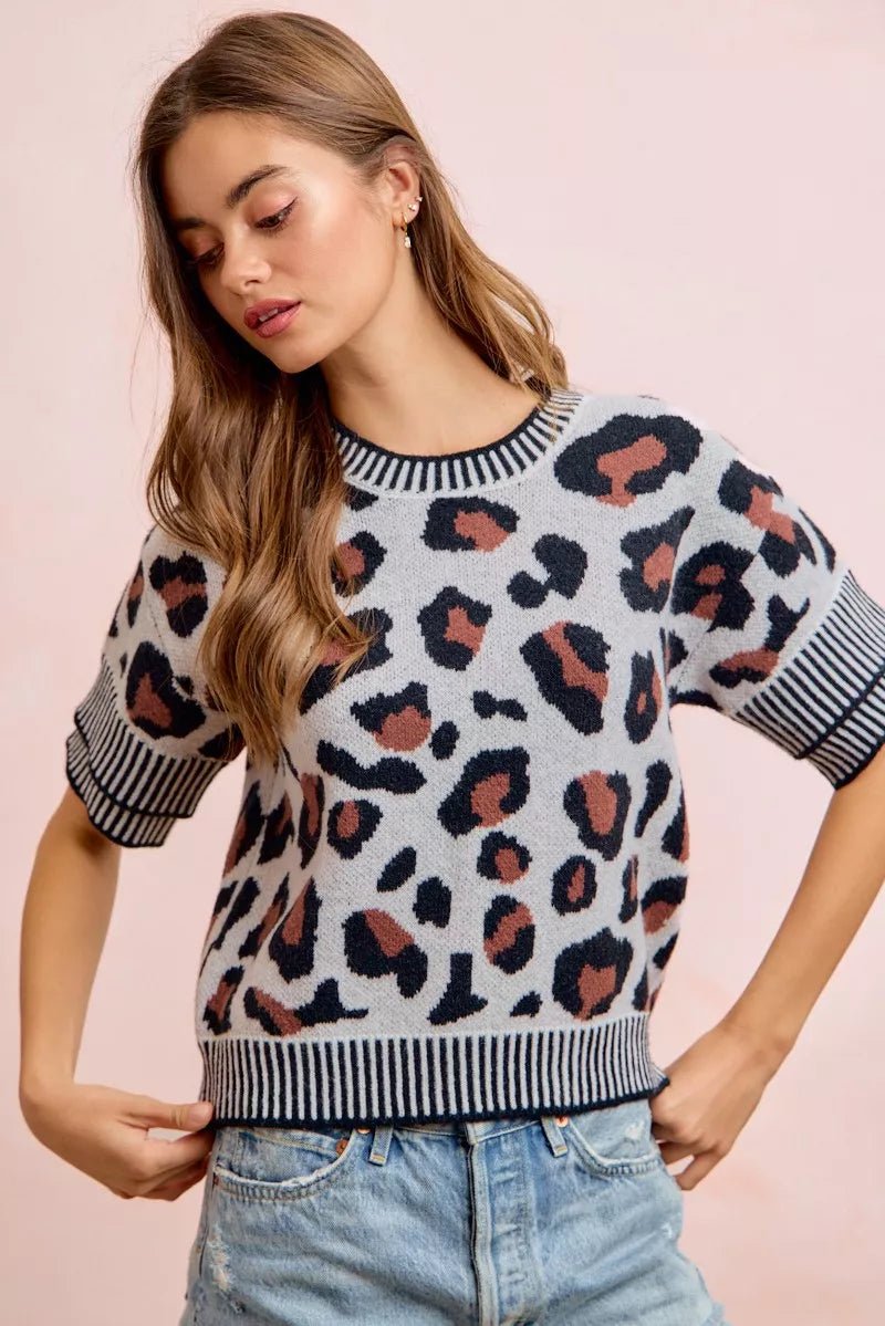 BiBi Two Tone Detail Leopard Knit Double Sleeves Top - Dressed.