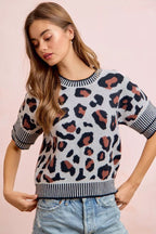 BiBi Two Tone Detail Leopard Knit Double Sleeves Top - Dressed.