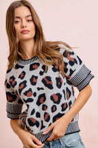 BiBi Two Tone Detail Leopard Knit Double Sleeves Top - Dressed.