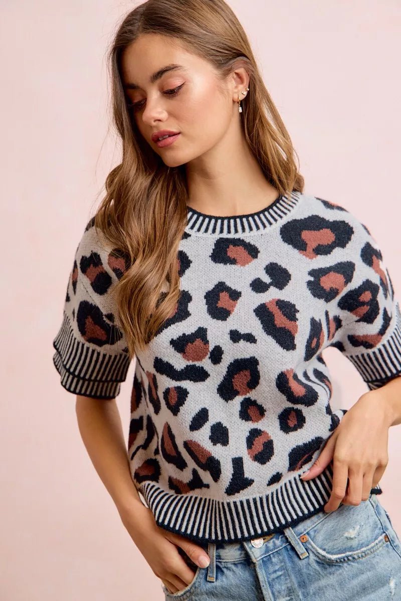 BiBi Two Tone Detail Leopard Knit Double Sleeves Top - Dressed.