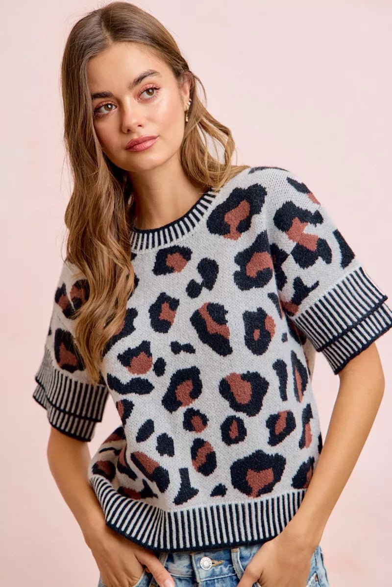 BiBi Two Tone Detail Leopard Knit Double Sleeves Top - Dressed.