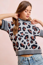 BiBi Two Tone Detail Leopard Knit Double Sleeves Top - Dressed.