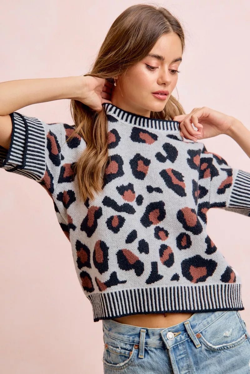 BiBi Two Tone Detail Leopard Knit Double Sleeves Top - Dressed.