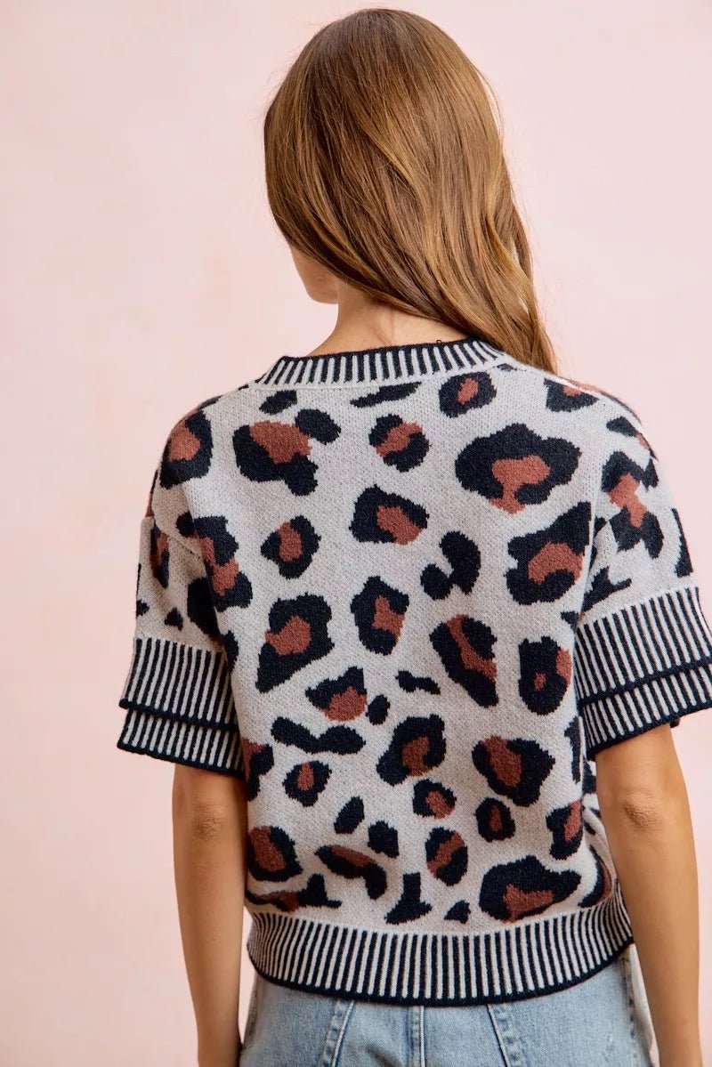 BiBi Two Tone Detail Leopard Knit Double Sleeves Top - Dressed.
