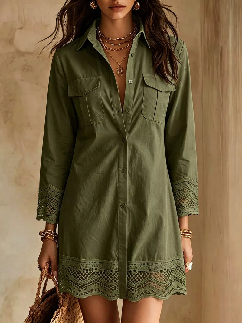 Button-Down Shirt Dress with Lace Trim — Multiple Colors • Inclusive Sizing | Trendsi - Dressed.