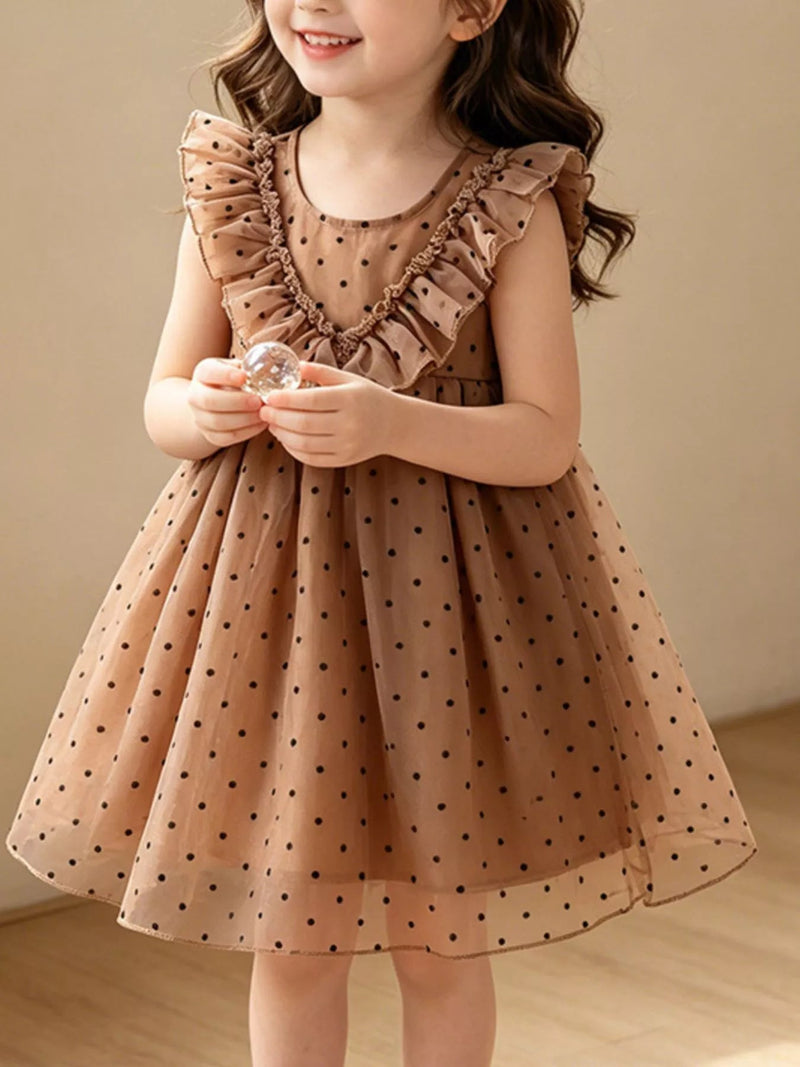 Camille Polka-Dot Ruffle Dress — Caramel - Dressed.
