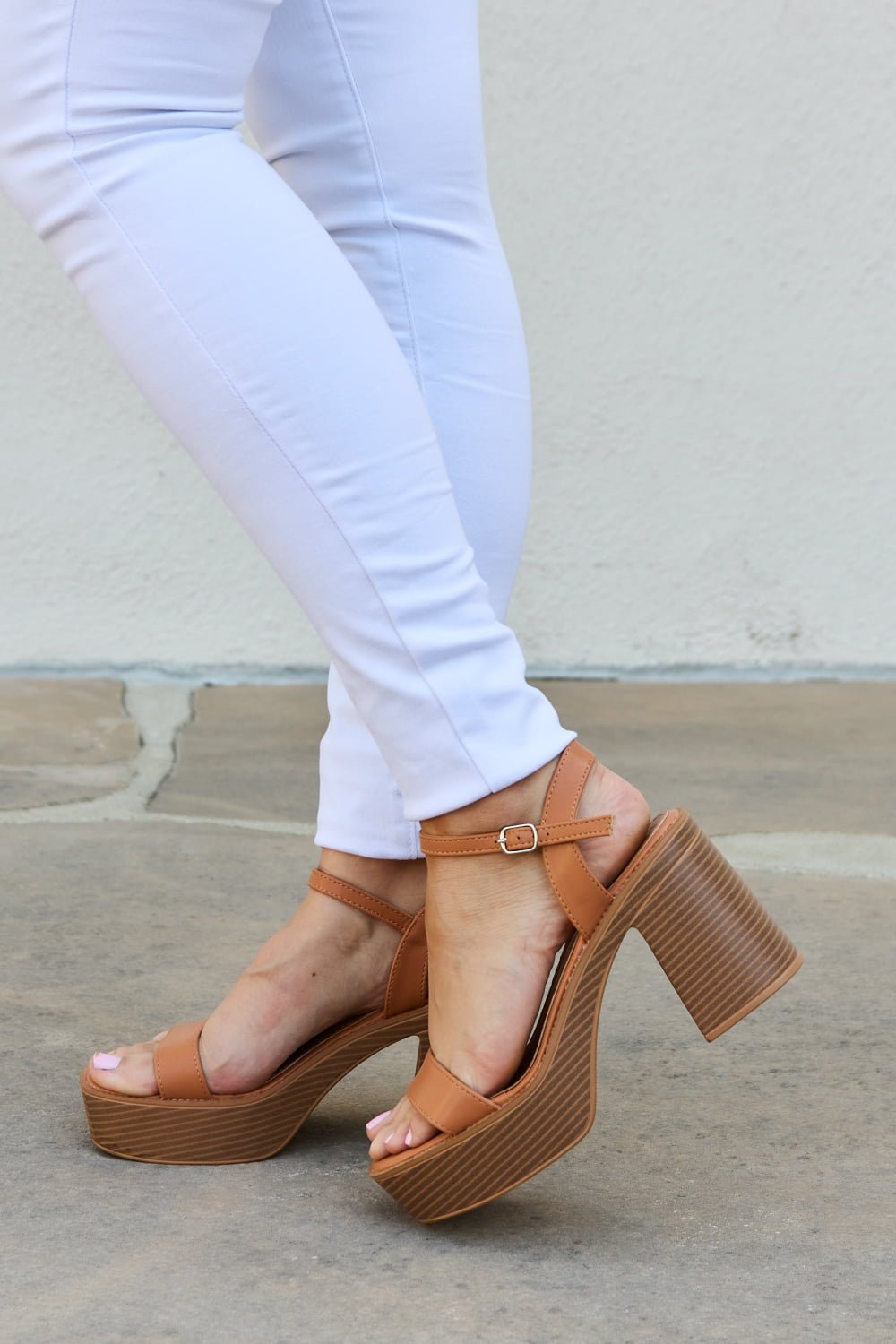 Carmella Platform-Heel Sandals — Cognac - Dressed.
