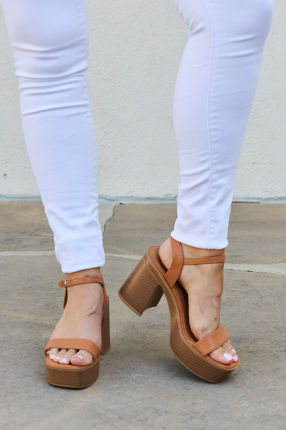 Carmella Platform-Heel Sandals — Cognac - Dressed.