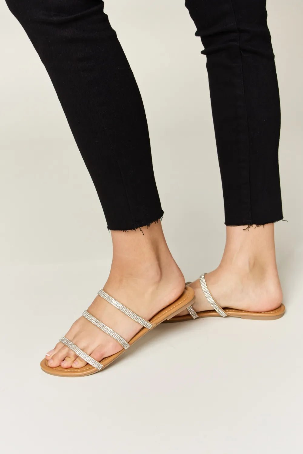 Celeste Rhinestone Three-Strap Sandals — Tan - Dressed.