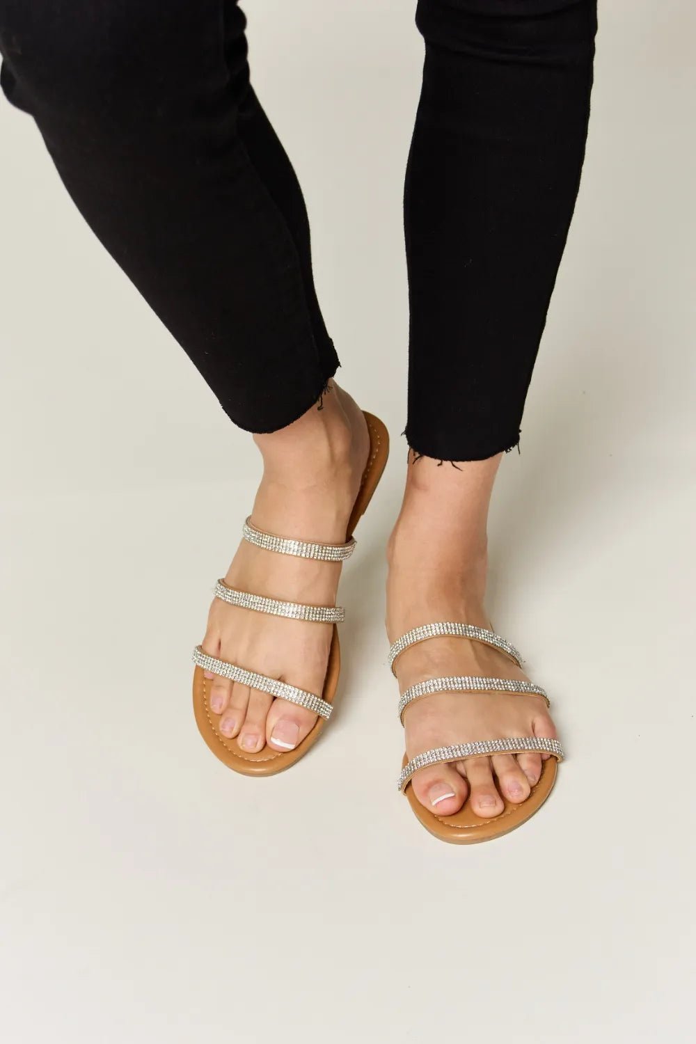 Celeste Rhinestone Three-Strap Sandals — Tan - Dressed.