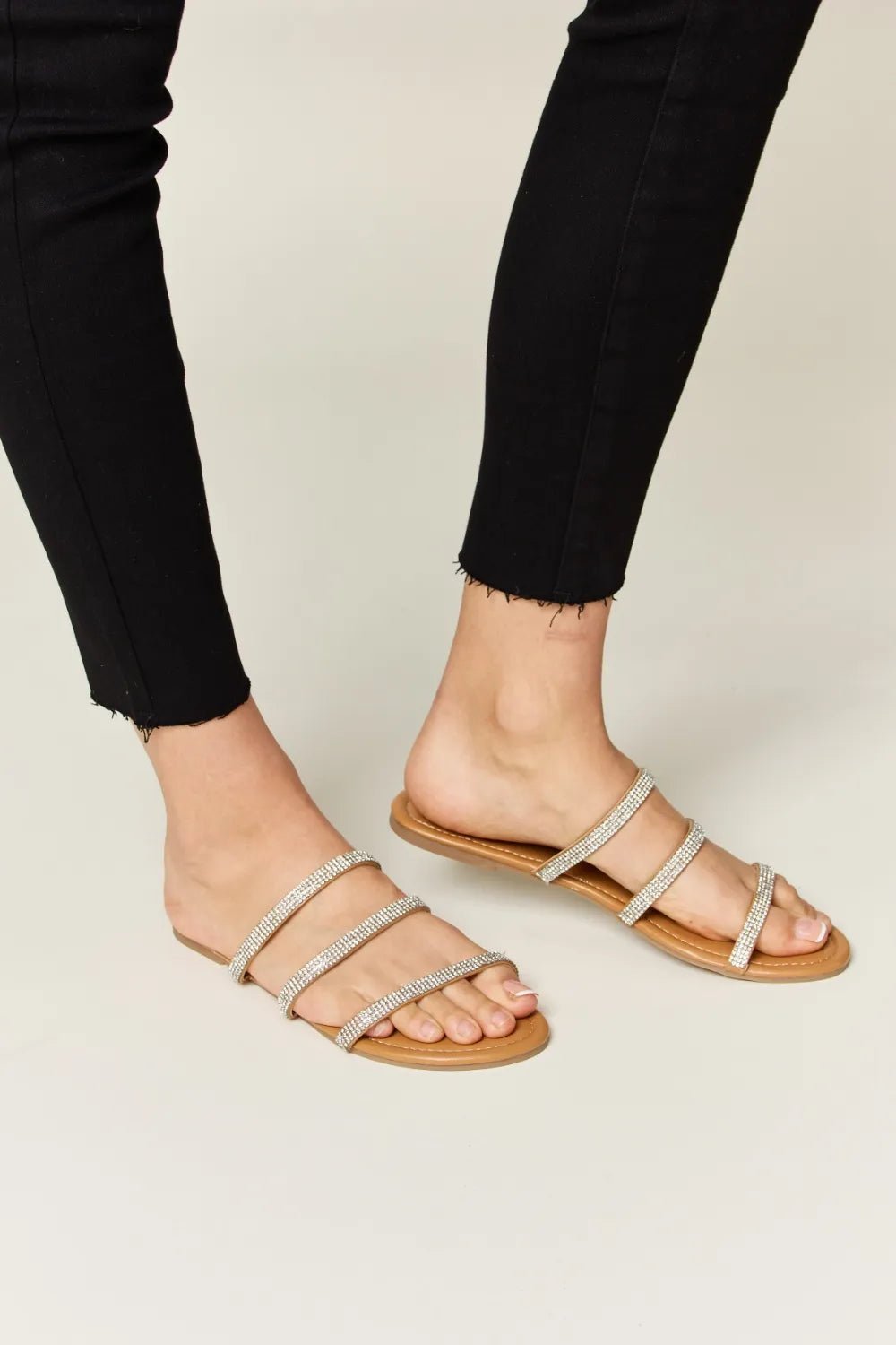 Celeste Rhinestone Three-Strap Sandals — Tan - Dressed.