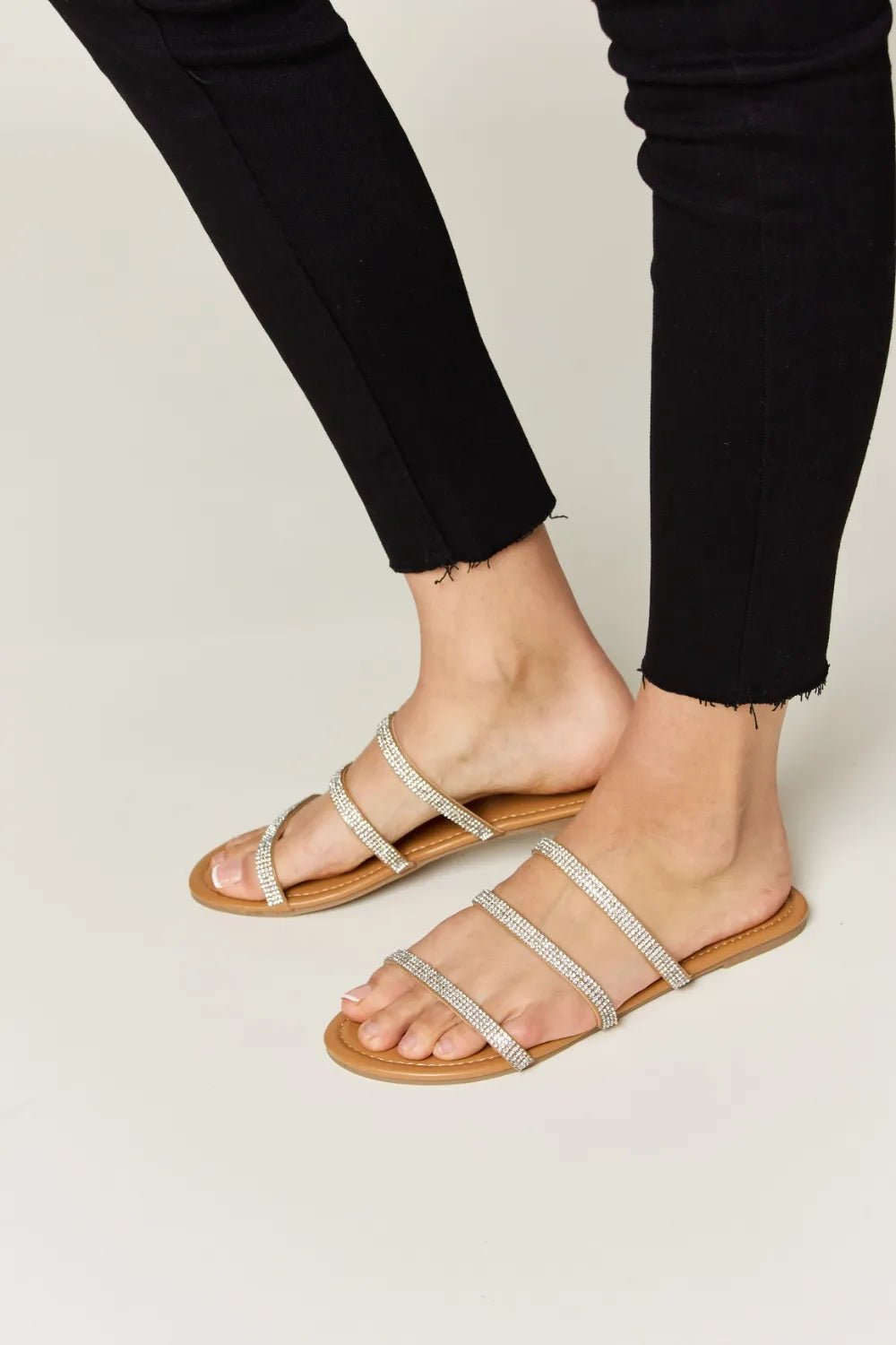 Celeste Rhinestone Three-Strap Sandals — Tan - Dressed.